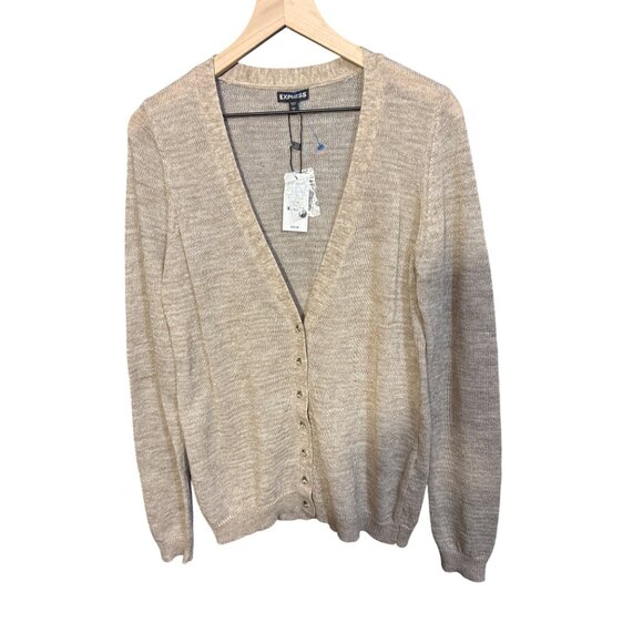 Express Womens Large Wool Alpaca Mohair Blend Cardigan Button-Up Knit Sweater Be - Picture 1 of 6